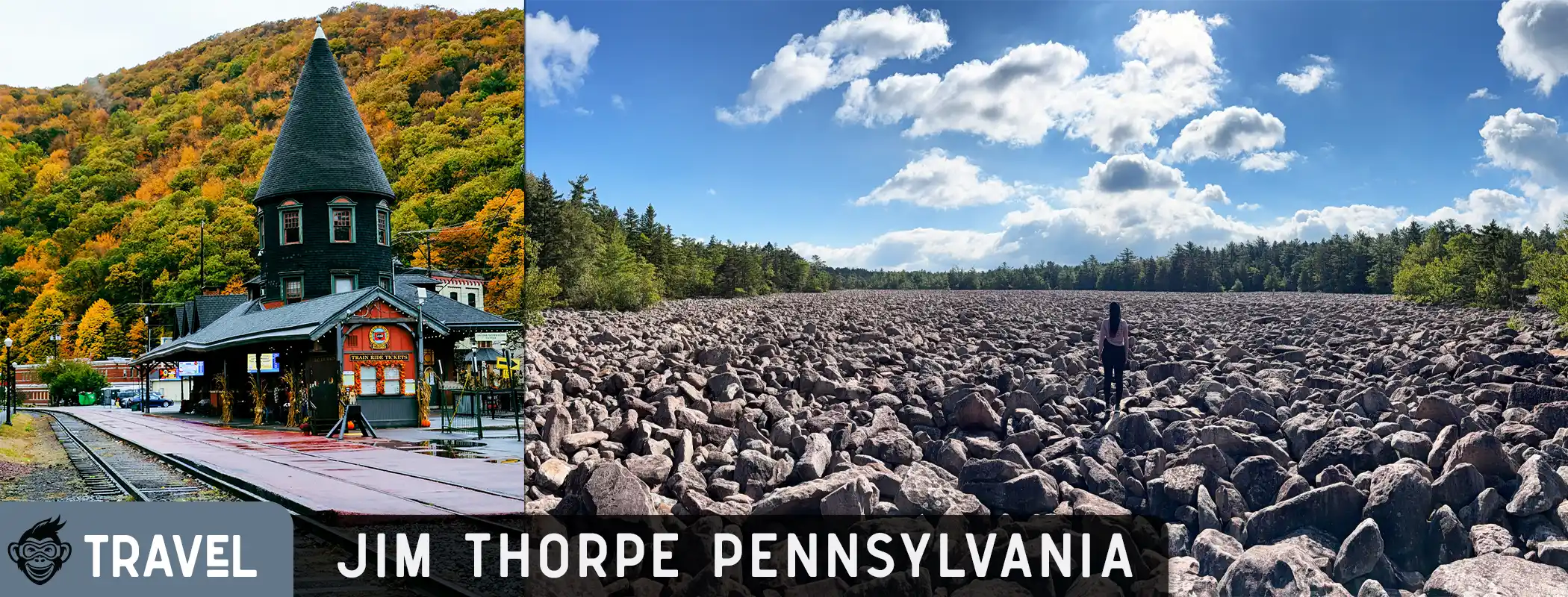 Jim Thorpe train station and the Boulder Field at Hickory Run State Park, Pennsylvania